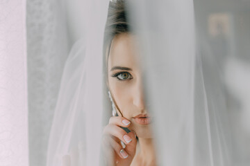 A woman with long blonde hair and blue eyes is looking at the camera through a veil. The veil is...