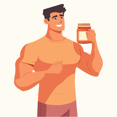 Fototapeta premium There is a man holding a jar of protein Flat illustration