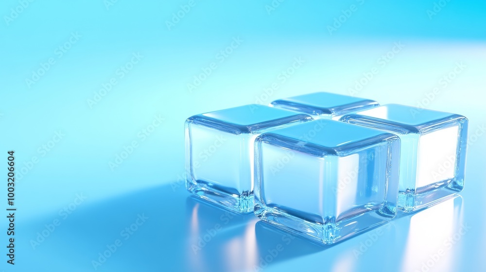 Poster 3d rendering of transparent blocks on a blue surface, along with space for text. visionary tech conc