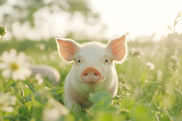 Cute Piglet in Green Grass Field with Daisies
