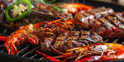 Close-up view of grilled shrimp and beef steak accompanied by slices of red and green bell peppers.