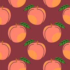 A vibrant pattern of peaches with green leaves on a rich maroon background for decorative use