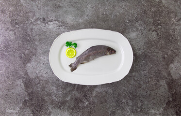 Single trout with lemon, parsley on white service plate studio photography, violet colored, daylight without people