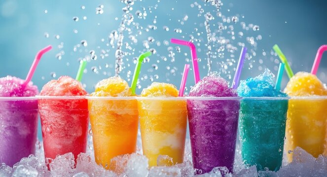 A vibrant scene of colorful slushies in plastic cups with straws, surrounded by ice and splashing water droplets. 