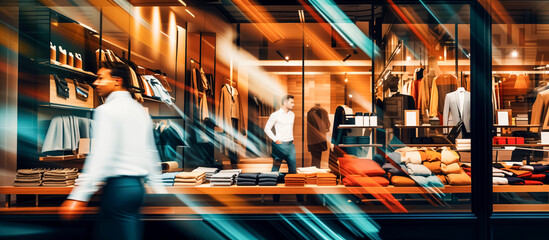 City Shopping and Men's Fashion. Man Browses Men's Fashion in a Stylish Boutique. City Shopping. Retail. Style.