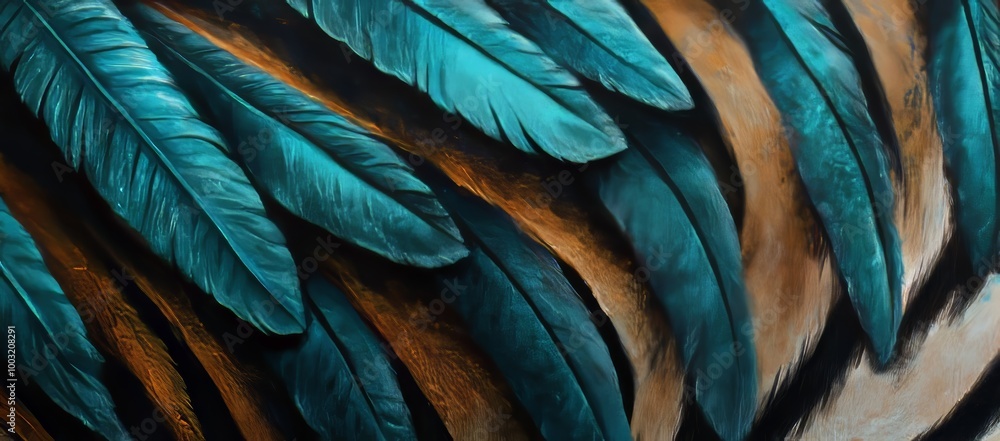Poster the abstract concept design features teal and gold fur and pelts arranged in a pattern that resemble