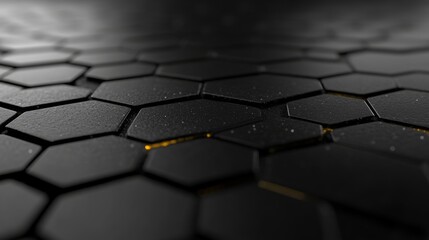 3D Render of black futuristic mosaic tiles arranged to form a wall with hexagonal, 3D bricks stacked on top.