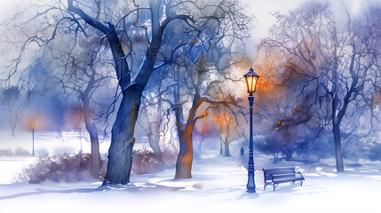 Fototapeta premium Snowy park bench with lamppost and trees at dusk in watercolor 