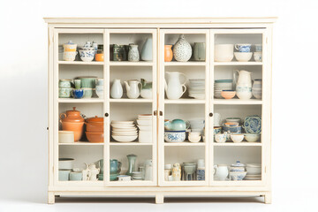 Vintage White Cabinet Full of Rustic Pottery and Dishes