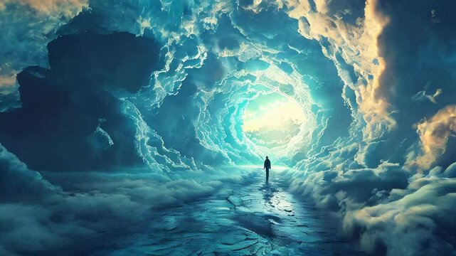 Lonely figure in cloudy tunnel, concept of entrance to the afterlife