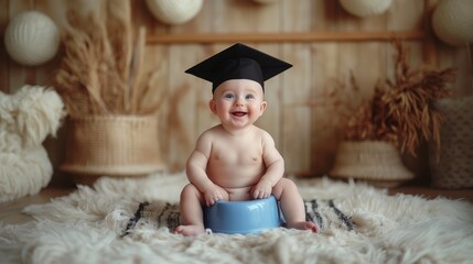 Adorable baby boy wearing graduation cap sitting on potty