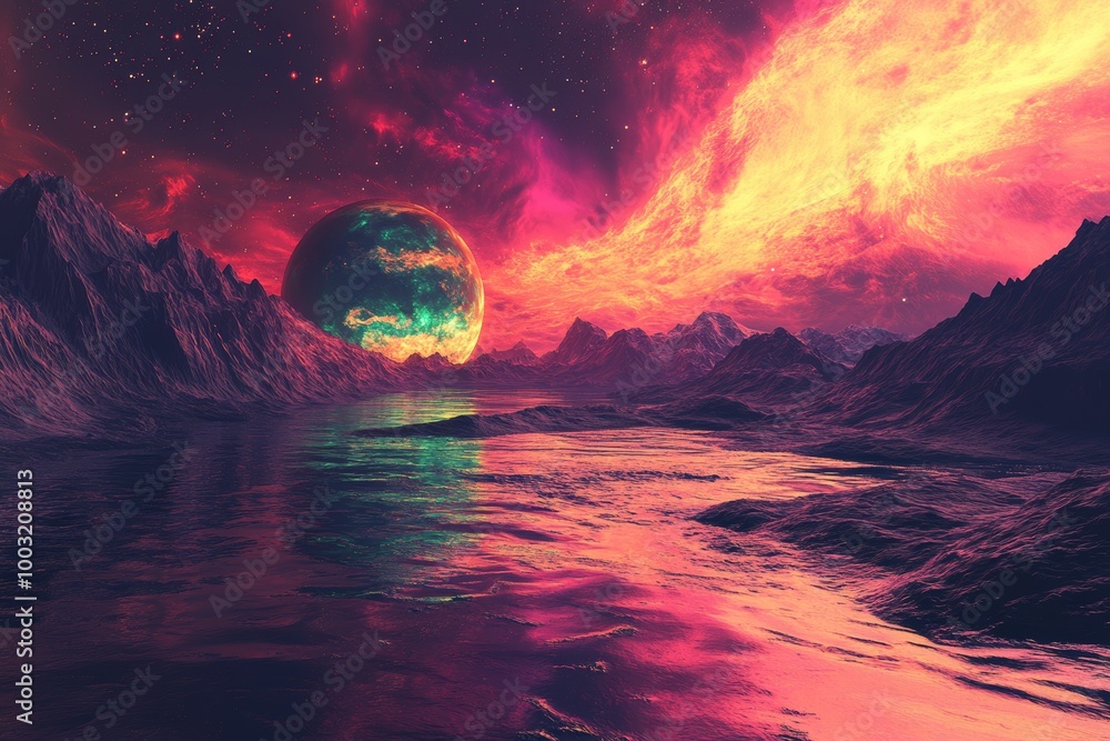 Aufkleber an ocean planet rises from the surface of an abstract graphic design with a galaxy shot into the dis