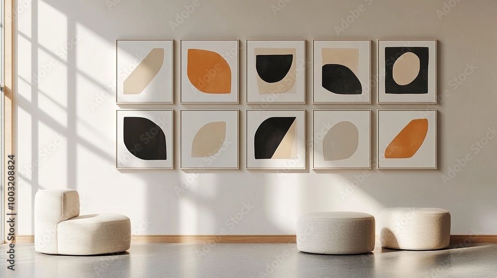 Poster a series of minimalist art prints with abstract shapes and muted tones, arranged in a grid pattern o