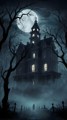 Spooky  Halloween themed wallpaper designed for graphic design projects. Foggy night with Halloween pumpkins and a subtle, glowing effects that faint pulses of light mimicking the flicker of candlelit