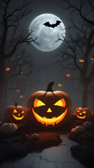 Spooky  Halloween themed wallpaper designed for graphic design projects. Foggy night with Halloween pumpkins and a subtle, glowing effects that faint pulses of light mimicking the flicker of candlelit
