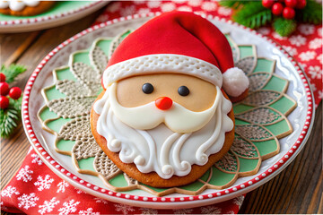 A cookie with a red hat and white beard is on a plate. The plate is decorated with a red and white pattern