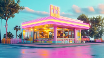 Neon Retro Diner at Sunset with Palm Trees