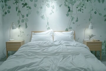 Bedroom mockup with wallpaper and wood furniture. Boho decor.