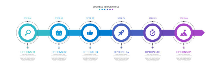 Horizontal progress bar featuring 6 arrow-shaped elements, symbolizing the six stages of business strategy and progression. Clean timeline infographic design template. Vector for presentation