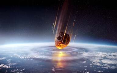 A huge extinction event asteroid hits the earth's atmosphere creating shock waves. Mass extinction event 3D science illustration.