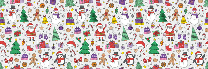 Christmas seamless pattern with cartoon characters and decorations. Vector illustration