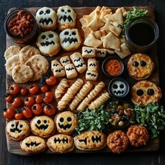 Top view of Halloween table with food.