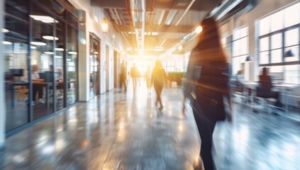 Blurred background of an open-plan office interior with young women walking and people working. business people walking in corridor office building. Motion blur