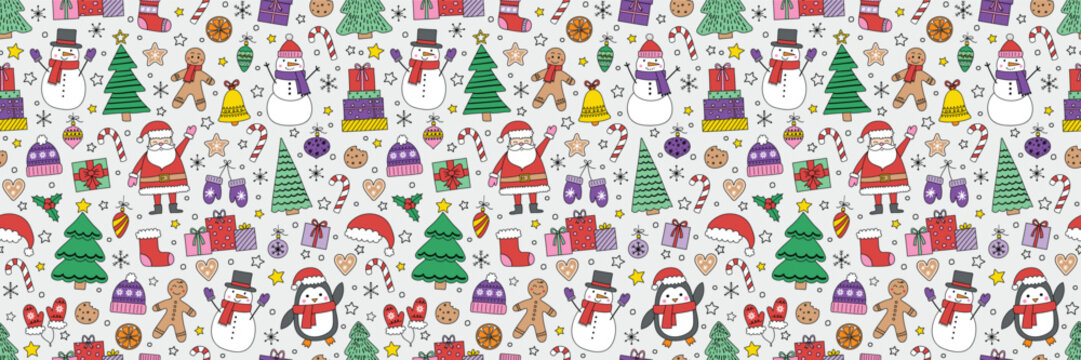 Christmas seamless pattern with cartoon characters and decorations. Vector illustration