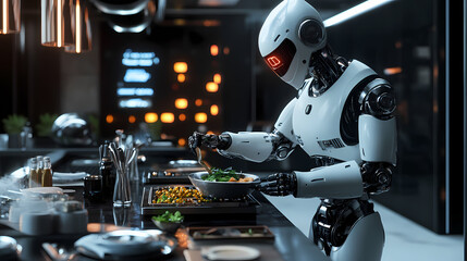 Fototapeta premium 3d rendering of a humanoid robot chef preparing dishes in a restaurant kitchen, representing the future integration of smart robotics and artificial intelligence. Cyberpunk Dystopia. Illustration
