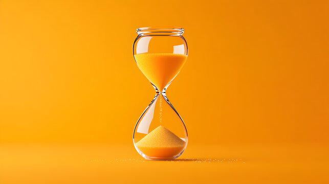 A bright orange background with a floating hourglass in the middle, sand pouring slowly. Hourglass on an orange background.


