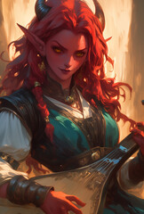 tiefling bard with vibrant red hair plays a lute in golden evening light