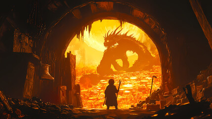 A captivating image of bilbo baggins sneaking through smaug s treasure filled lair the dragon s silhouette looming in the background unaware of the intruder. Dragon's Lair. Illustration