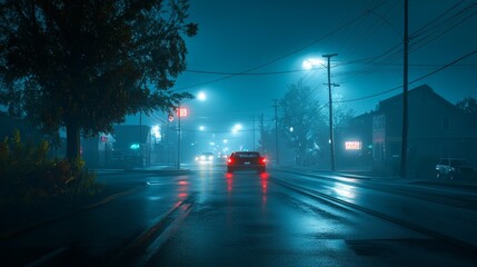 A bright neon light is reflected in a puddle or in water at night. Abstract night background, blurry bokeh light.