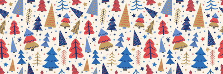 Obraz premium Christmas tree seamless texture in cartoon style. Wallpaper and wrapping paper design. Vector illustration