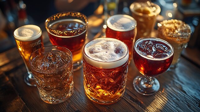 Variety of craft beers on wooden table with sunlight. Perfect for brewery, pub, and beer tasting events