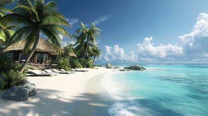 Fototapeta premium A realistic 3D rendering of a tropical beach resort with palm trees, white sand, and crystal-clear water, perfect for vacation brochures