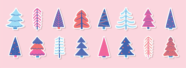 Hand drawn Christmas tree stickers set. X-Mas decorations. Vector illustration