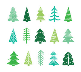 Abstract Christmas tree icon collection. X-Mas doodle ornaments. Vector illustration