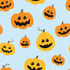Halloween background with cute pumpkin lanterns. Seamless pattern design. Vector illustration