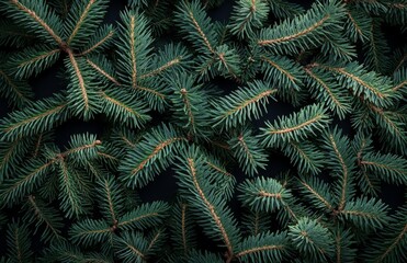 Background with green fir tree brunch. Copy space, dark toned design for seasonal quotes. Vintage December wallpaper. Natural winter holiday forest background.