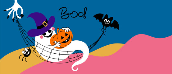 Halloween. A horizontal banner with space for text. Hand-drawn cute ghost, pumpkin, spider and bat. For postcards, invitations, decor, packaging, wallpaper, web with space for text.