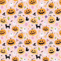 Obraz premium Halloween background with cute elements. Seamless pattern design. Vector illustration