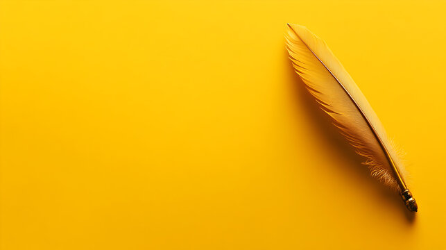 A mustard yellow background with an antique quill pen resting flat in the center. Quill pen on a yellow background.


