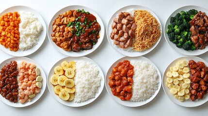 Variety of Filipino Food Dishes with Rice on White Background