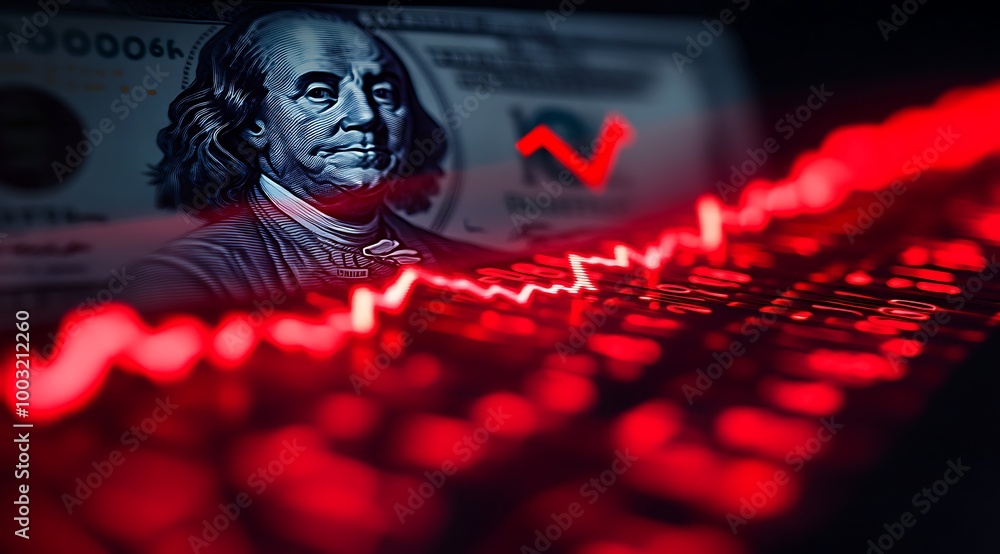 Poster closeup of a red line chart with a dollar bill in the background, conceptual image of financial mark