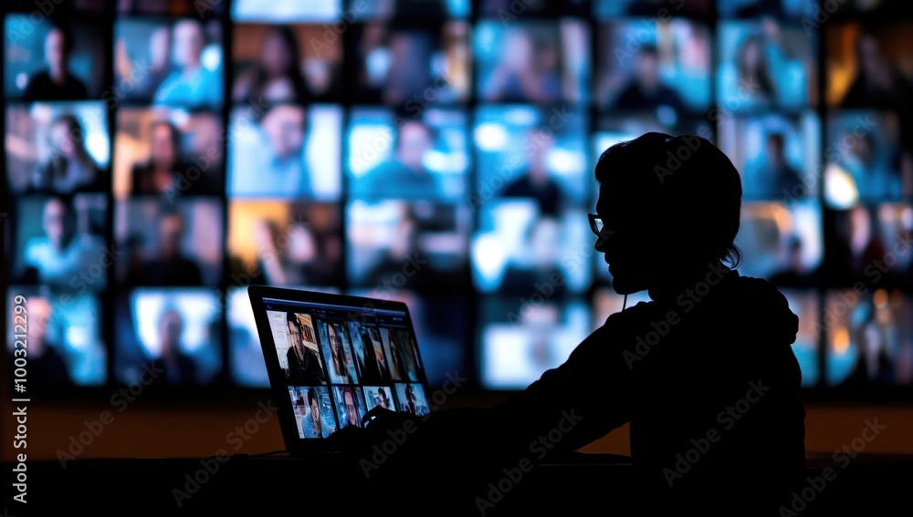 Poster A person in silhouette is using their laptop to depict multiple people on a videoconference Generative AI