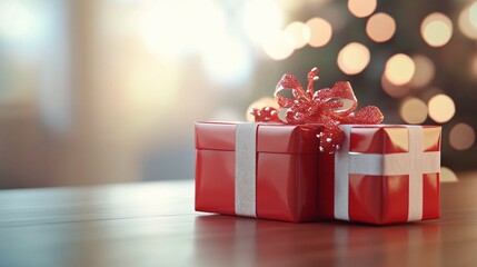 Red Gift Boxes with Glittery Bow on Wooden Table