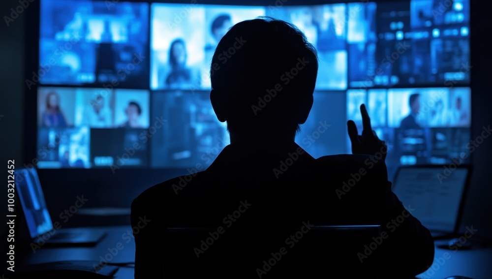 Poster a person sitting in front of their laptop, watching multiple people on the screen, with video confer
