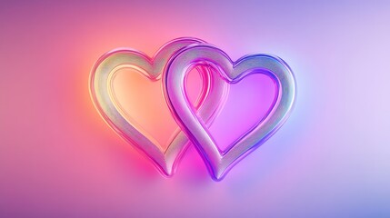 A pair of intertwined Valentine's Day hearts with a soft, glowing outline, set against a gradient background of pinks and purples