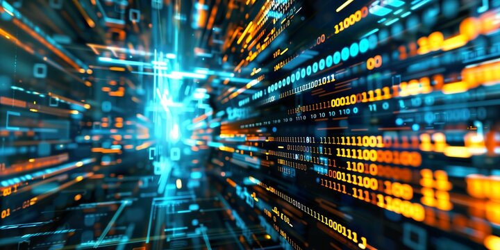 Abstract futuristic digital interface with glowing binary code and dynamic light streaks